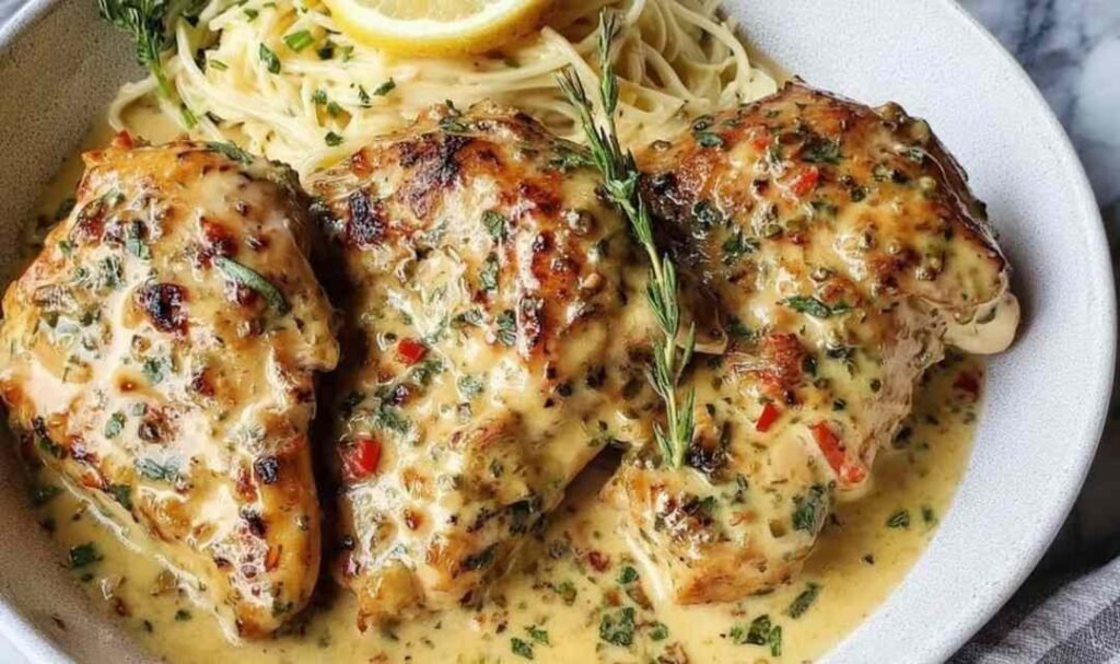 angel-chicken-creamy-ranch-sauce-skillet