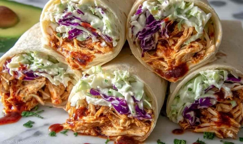 bbq-chicken-coleslaw-wraps-cut-in-half-wooden-board