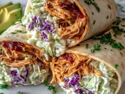 bbq-chicken-coleslaw-wraps-cut-in-half-wooden-board