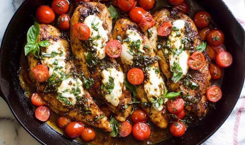 baked-balsamic-chicken-skillet-mozzarella-tomatoes