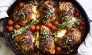 Baked Balsamic Chicken baked-balsamic-chicken-skillet-mozzarella-tomatoes