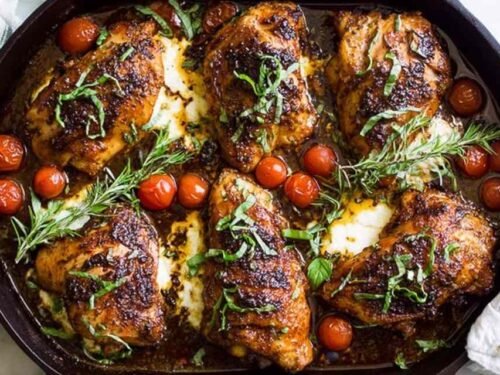 baked-balsamic-chicken-skillet-mozzarella-tomatoes