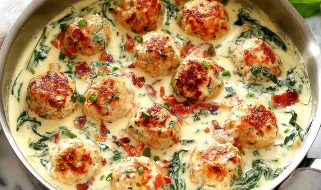 baked-chicken-ricotta-meatballs-spinach-alfredo-sauce