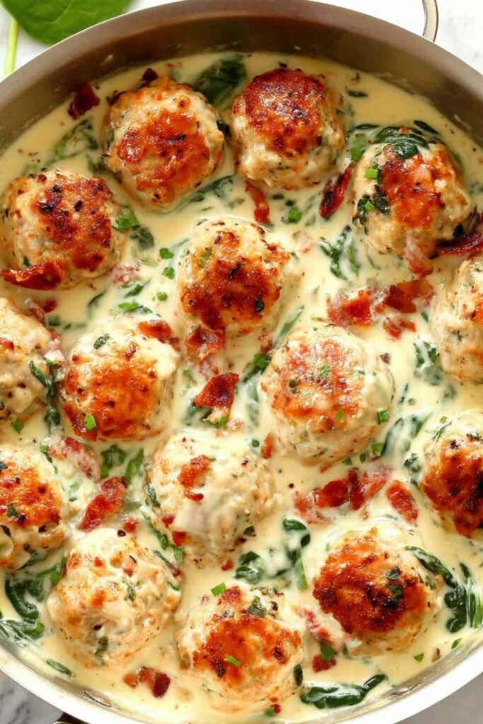 baked-chicken-ricotta-meatballs-spinach-alfredo-sauce