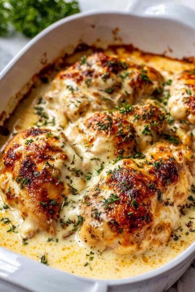 baked-cream-cheese-chicken-garlic-sauce-baking-dish
