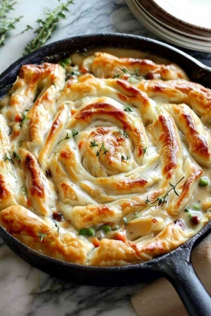 cast-iron-skillet-chicken-pot-pie-golden-puff-pastry-rosette