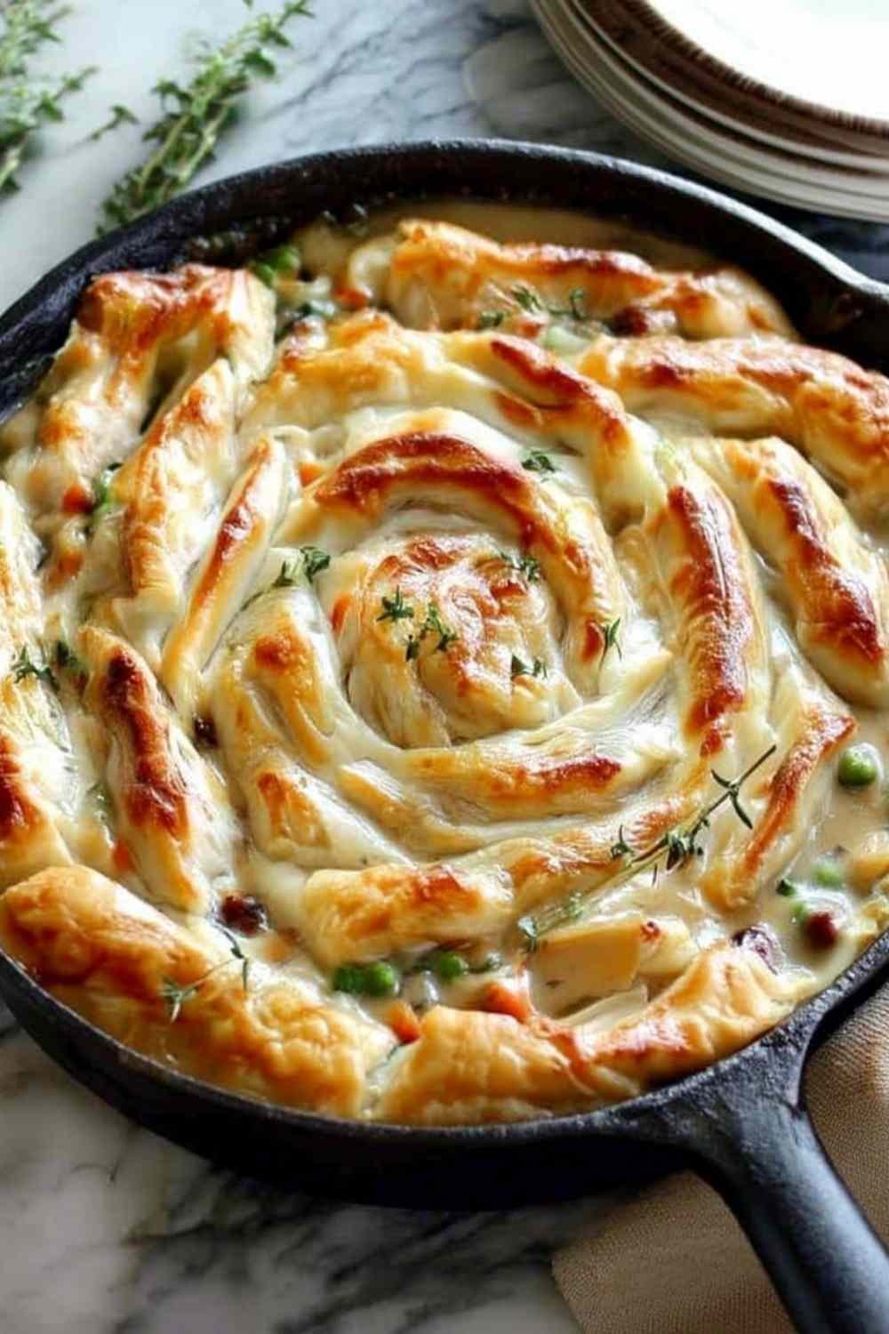 cast-iron-skillet-chicken-pot-pie-golden-puff-pastry-rosette