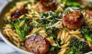 chicken-sausage-broccoli-orzo-skillet
