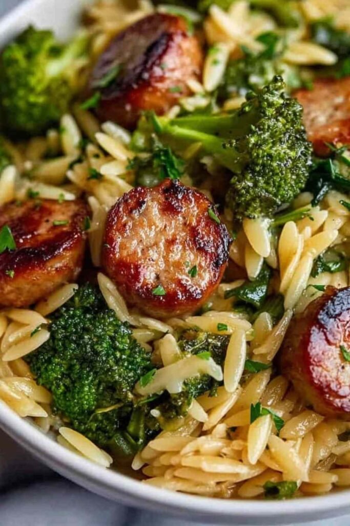 chicken-sausage-broccoli-orzo-skillet