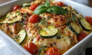 Chicken Zucchini Bake chicken-zucchini-bake-golden-parmesan-crust-baking-dish