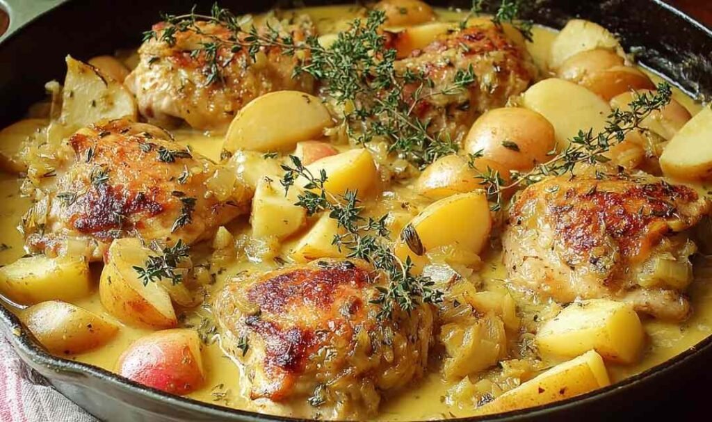 chicken-normandy-cast-iron-skillet-apple-cider-cream-sauce