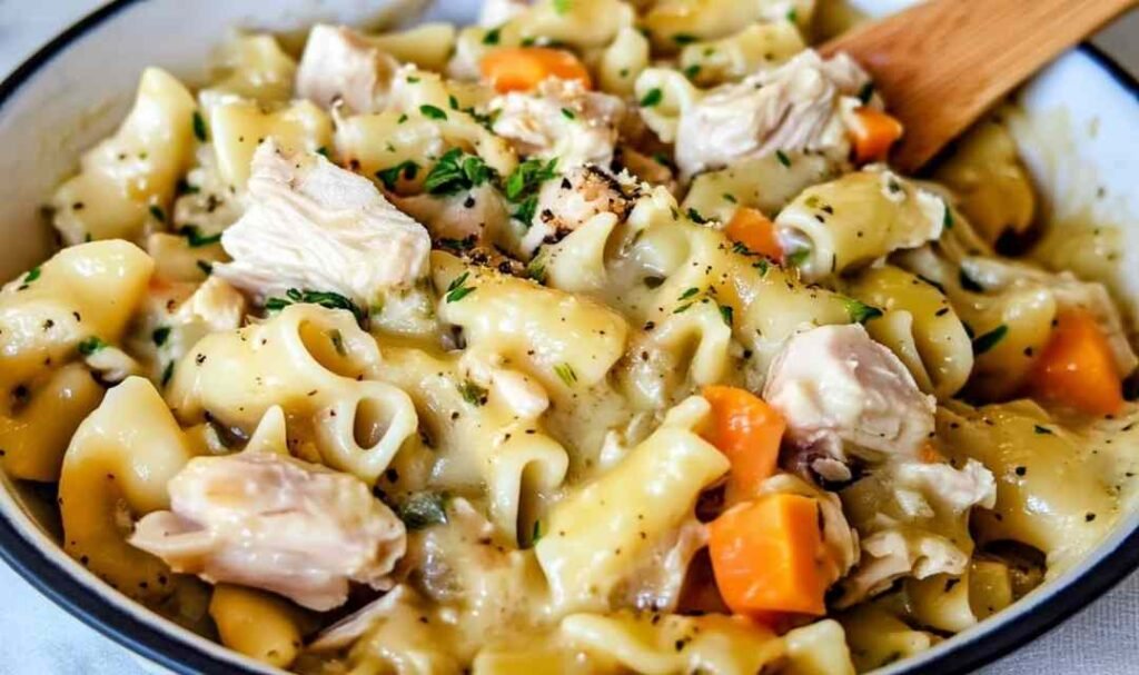 creamy-chicken-pot-pie-pasta-skillet-dinner