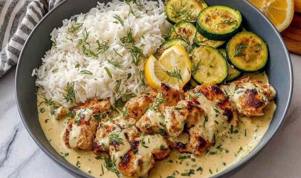 A plated serving of creamy lemon butter chicken drizzled with silky lemon butter sauce, served alongside crispy mozzarella-topped zucchini rounds and fluffy couscous. This is how it turned out in my kitchen on a busy weeknight, golden chicken cutlets with bright citrus flavor that the whole family loved.