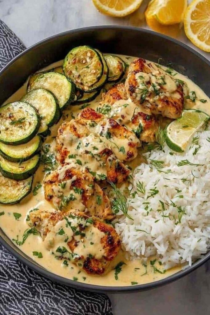 A plated serving of creamy lemon butter chicken drizzled with silky lemon butter sauce, served alongside crispy mozzarella-topped zucchini rounds and fluffy couscous. This is how it turned out in my kitchen on a busy weeknight, golden chicken cutlets with bright citrus flavor that the whole family loved.
