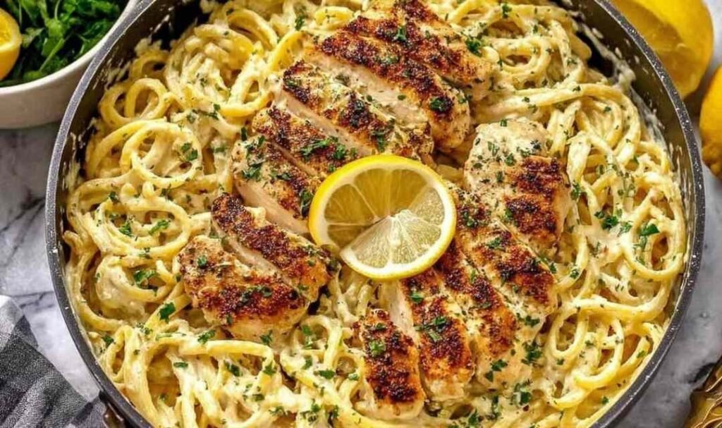 creamy-lemon-chicken-pasta-white-bowl-parsley
