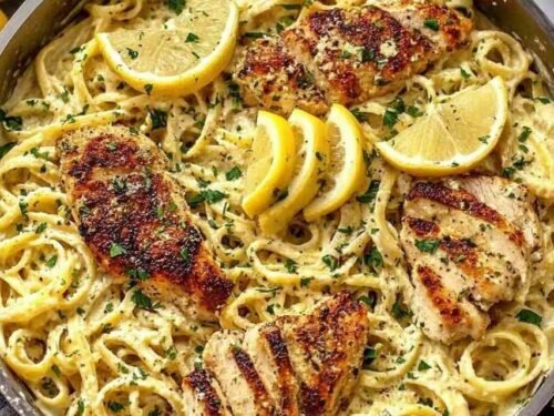 creamy-lemon-chicken-pasta-white-bowl-parsley