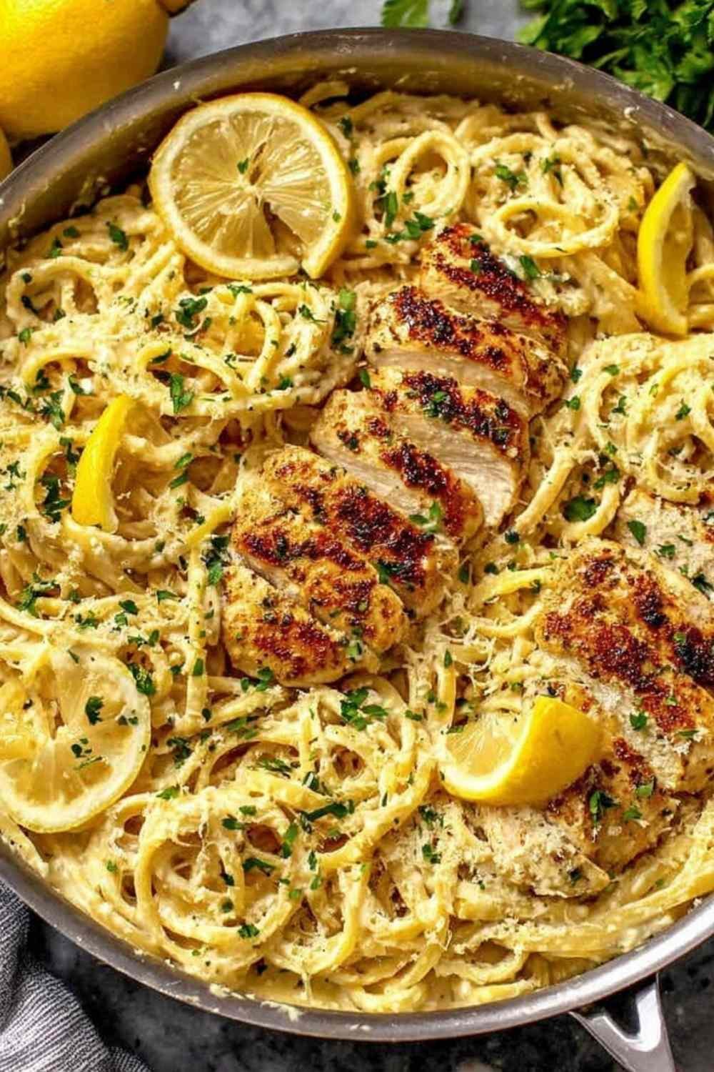 creamy-lemon-chicken-pasta-white-bowl-parsley