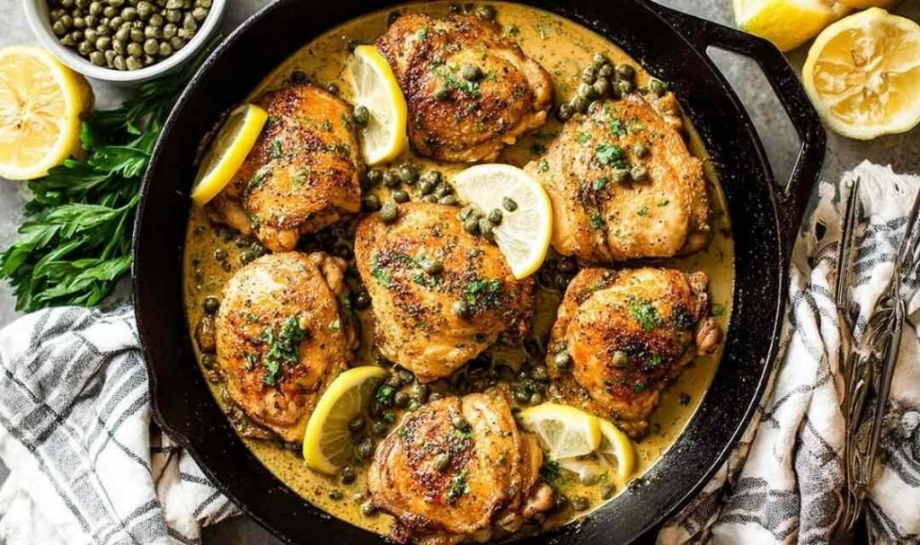 creamy-lemon-garlic-chicken-thighs-capers-skillet