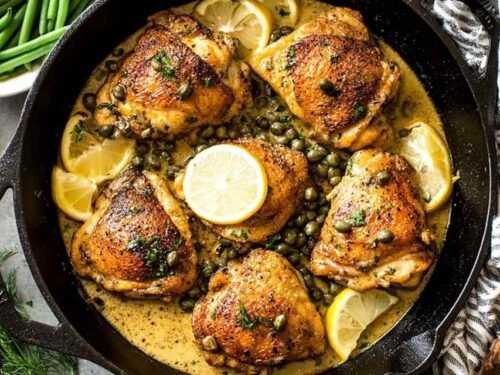 creamy-lemon-garlic-chicken-thighs-capers-skillet