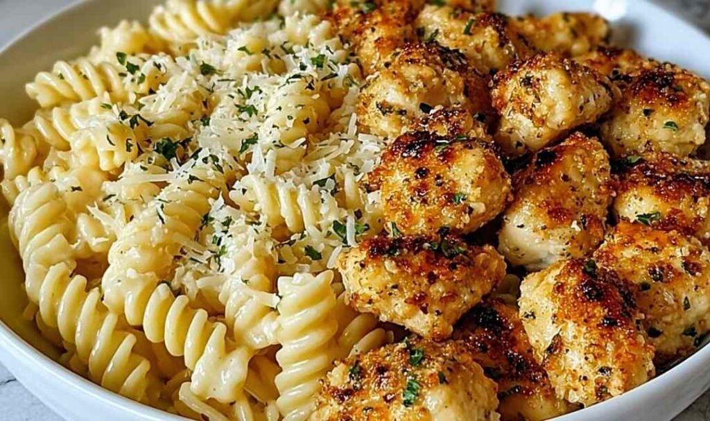 garlic-parmesan-chicken-bites-creamy-rotini-bowl