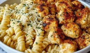 Garlic Parmesan Chicken Bites with Creamy Rotini garlic-parmesan-chicken-bites-creamy-rotini-bowl