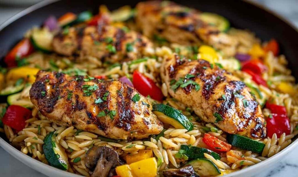 easy-balsamic-chicken-veggie-orzo-plated-serving