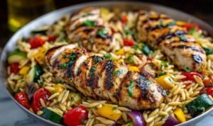 Easy Balsamic Chicken and Veggie Orzo easy-balsamic-chicken-veggie-orzo-plated-serving