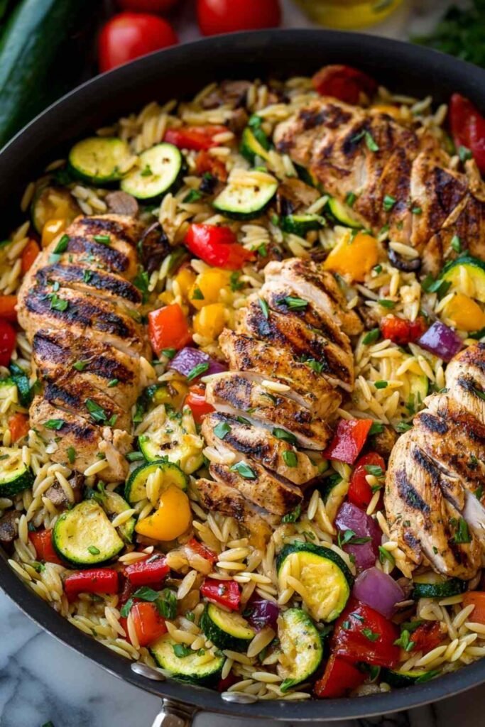 easy-balsamic-chicken-veggie-orzo-plated-serving