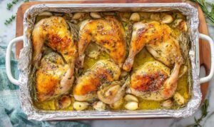 Easy Oven-Roasted French Garlic Chicken french-garlic-chicken-casserole-dish-oven-roasted