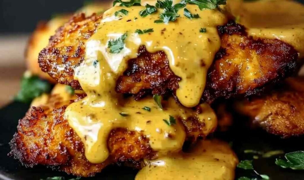 pretzel-chicken-mustard-cheddar-sauce-baked-plate