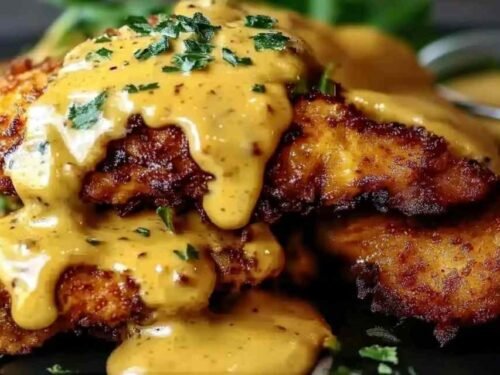 pretzel-chicken-mustard-cheddar-sauce-baked-plate
