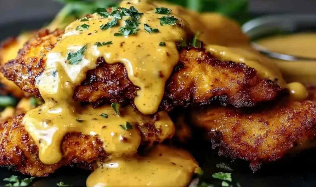 Pretzel Chicken with Mustard-Cheddar Sauce