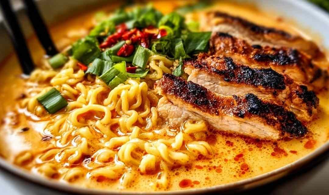 Fiery Chicken Ramen with Creamy Garlic Sauce