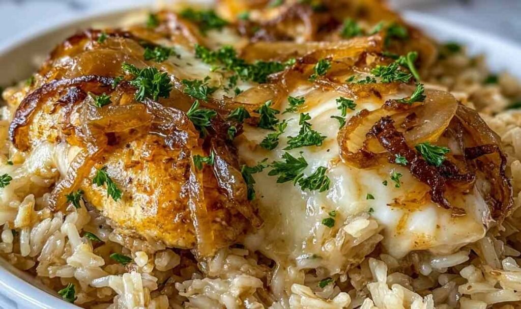french-onion-chicken-rice-casserole-baked-golden-cheese