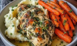 Garlic Herb Chicken with Mashed Potatoes and Glazed Carrots garlic-herb-chicken-mashed-potatoes-glazed-carrots-dinner