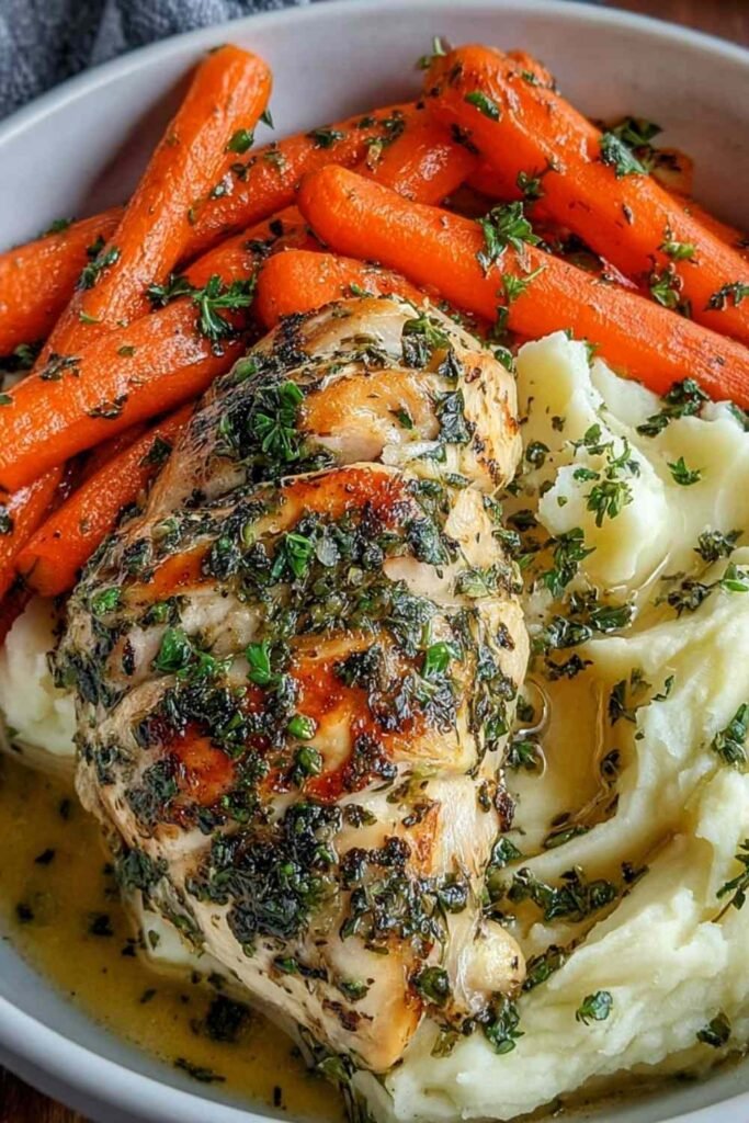 garlic-herb-chicken-mashed-potatoes-glazed-carrots-dinner