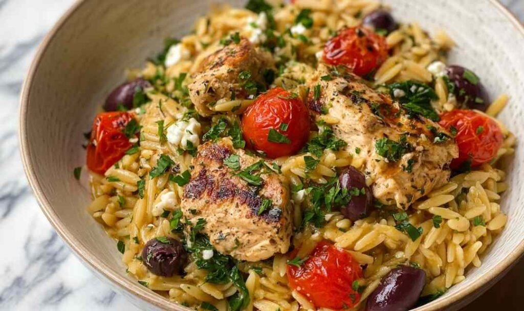 high-protein-mediterranean-chicken-orzo-skillet-topdown