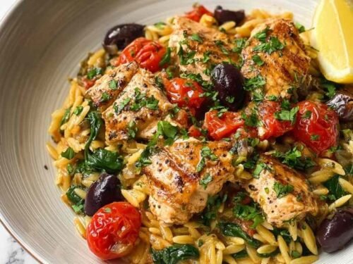 high-protein-mediterranean-chicken-orzo-skillet-topdown