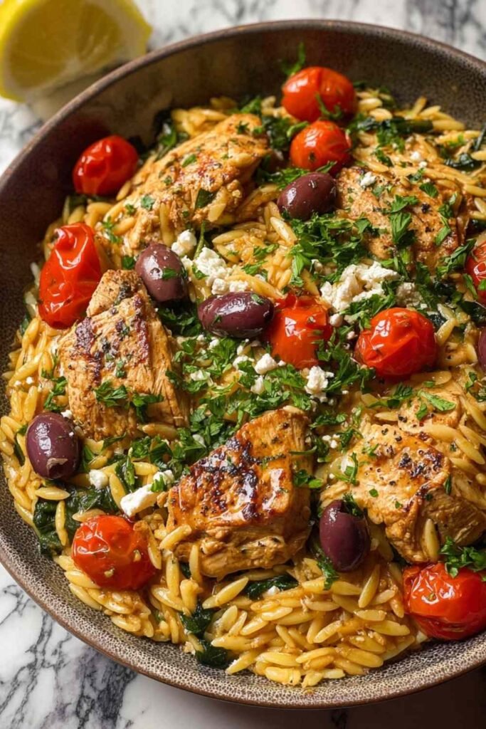 high-protein-mediterranean-chicken-orzo-skillet-topdown