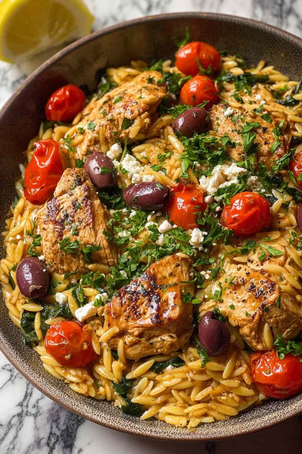 high-protein-mediterranean-chicken-orzo-skillet-topdown