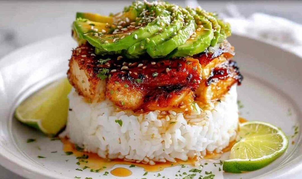 honey-lime-chicken-avocado-rice-stack-plated