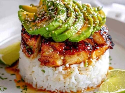 honey-lime-chicken-avocado-rice-stack-plated