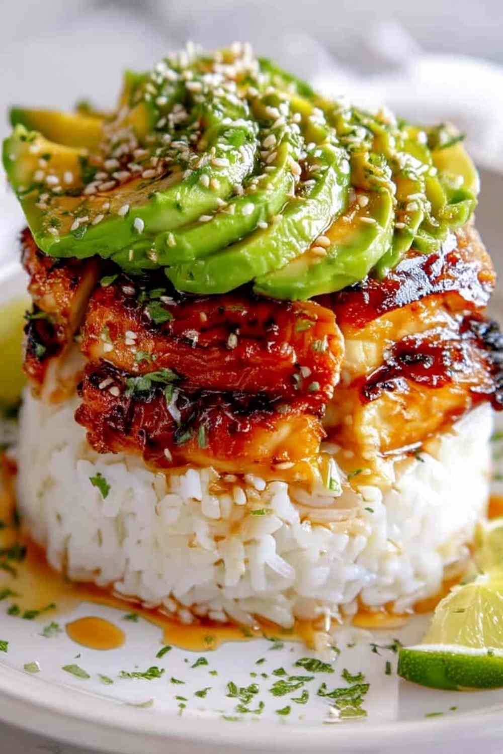 honey-lime-chicken-avocado-rice-stack-plated