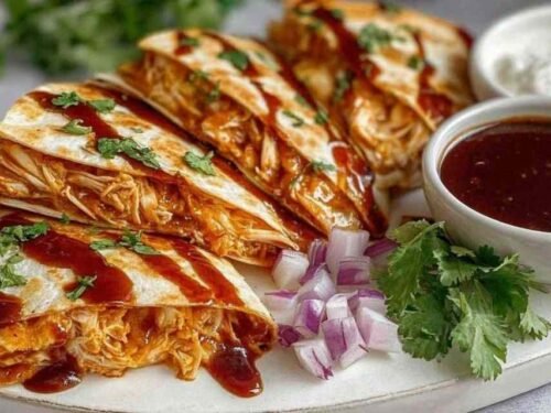 hot-honey-bbq-chicken-quesadillas-plated-wedges