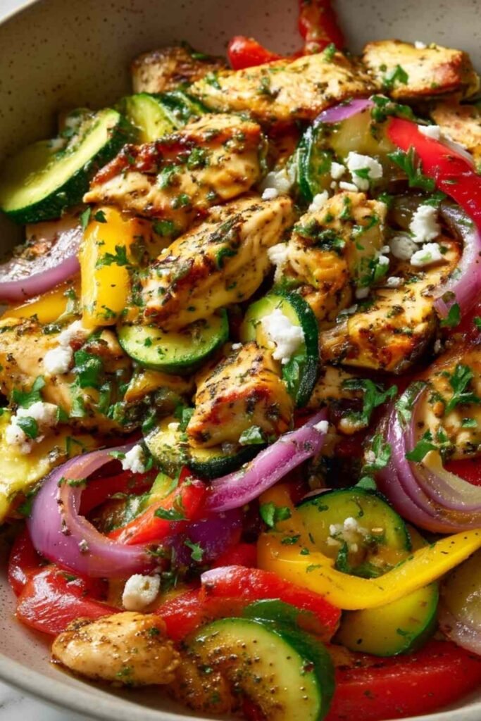 mediterranean-chicken-stir-fry-skillet-feta-olives