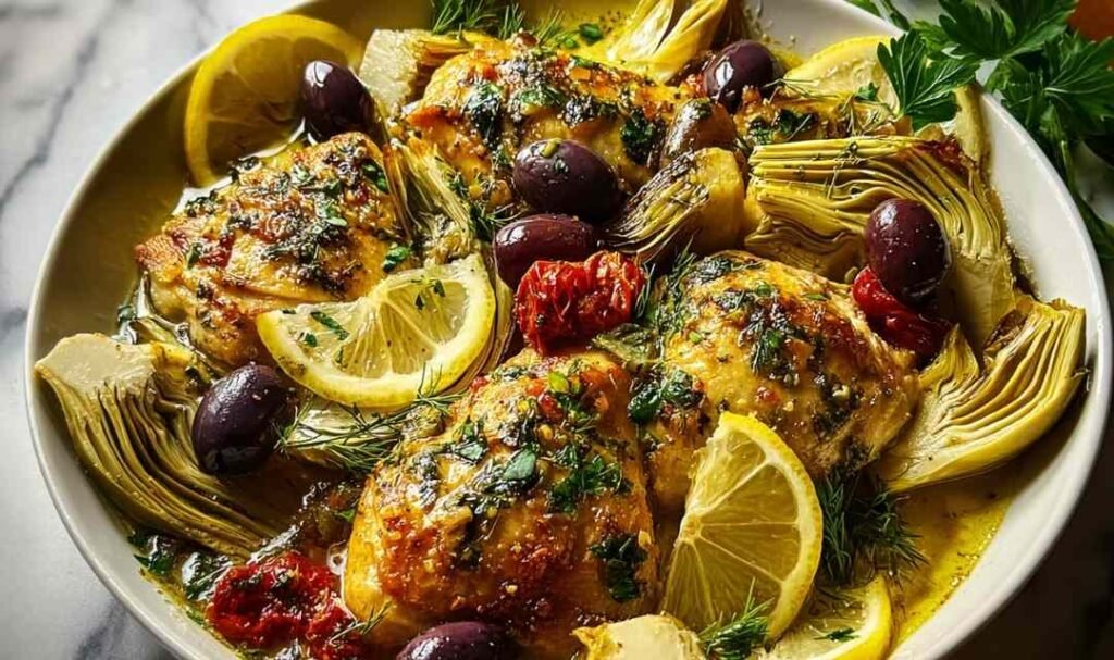 mediterranean-lemon-chicken-artichokes-olives-skillet