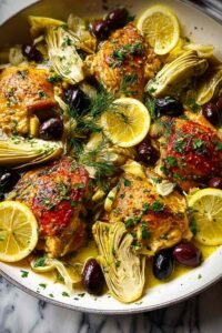 Mediterranean Lemon Chicken with Artichokes and Olives mediterranean-lemon-chicken-artichokes-olives-skillet
