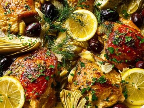 mediterranean-lemon-chicken-artichokes-olives-skillet