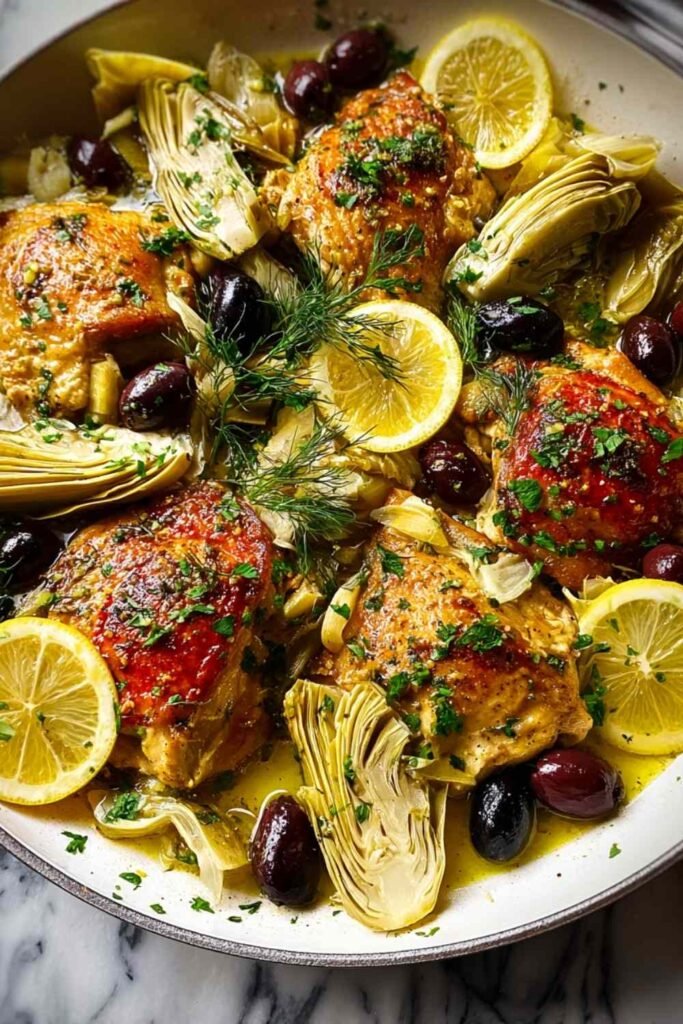 mediterranean-lemon-chicken-artichokes-olives-skillet