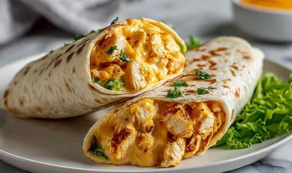 cheesy-garlic-chicken-wraps-sliced-plated